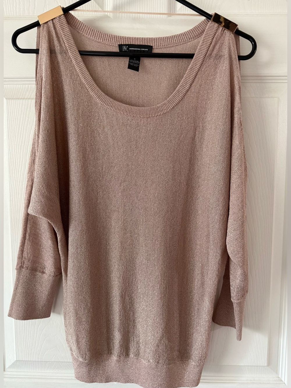 Blush Pink With Rose Gold Metallic Shimmer Cold Shoulder Knit Top - Size Small